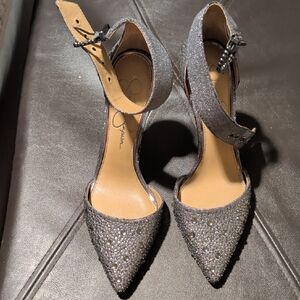 Jessica Simpson Silver Rhinestone Pointed Toe Ankle Strap Heels